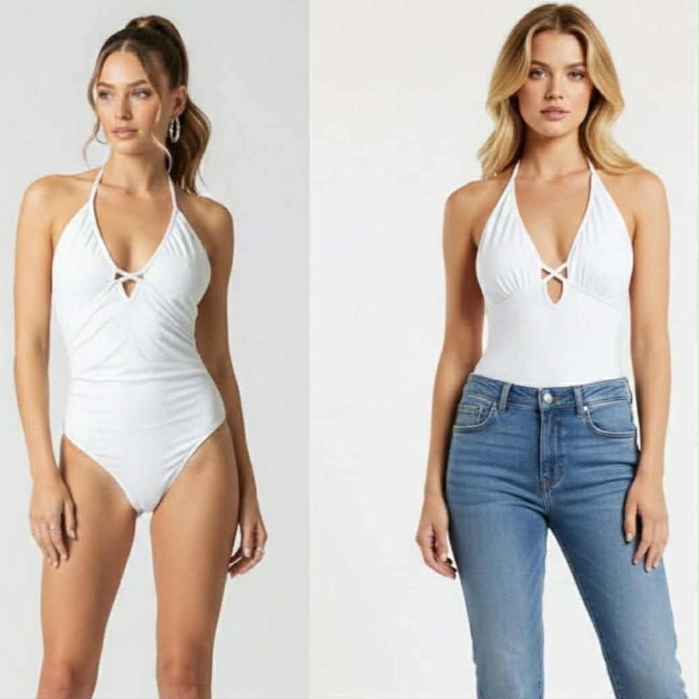 Abercrombie & Fitch Soft AF White Halter Cutout Bodysuit Thong Size Large